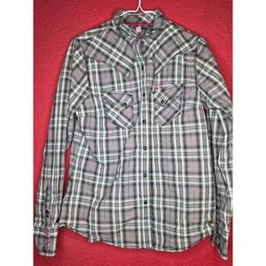 Cruel Girl‎ Women's Plaid Long Sleeve Snap Front Shirt Pink Stitching Size L